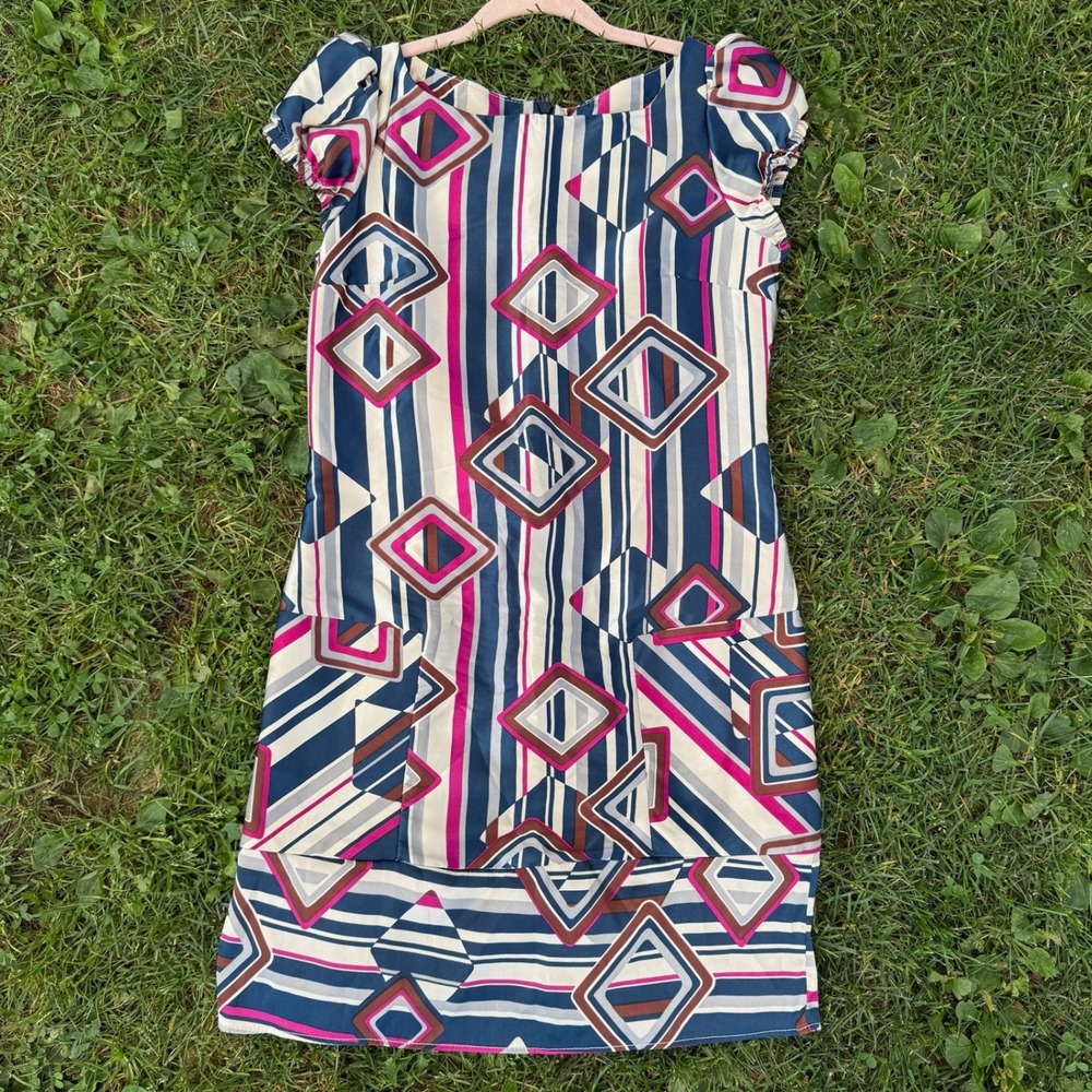 Ruby Geometric Print Shift Dress Medium Multicolor Mod Abstract Short Sleeve VTG